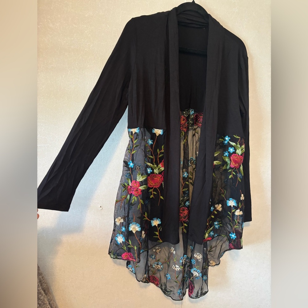 Cha-Cha | Floral Embroidered Black Sheer Cardigan | Size Medium - Picture 2 of 7